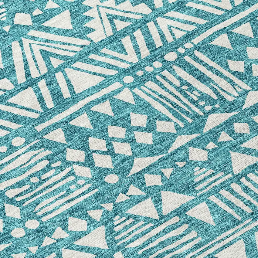8' Teal Blue And Ivory Round Southwestern Washable Indoor Outdoor Area Rug Photo 8