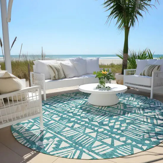 8' Teal Blue And Ivory Round Southwestern Washable Indoor Outdoor Area Rug Photo 6