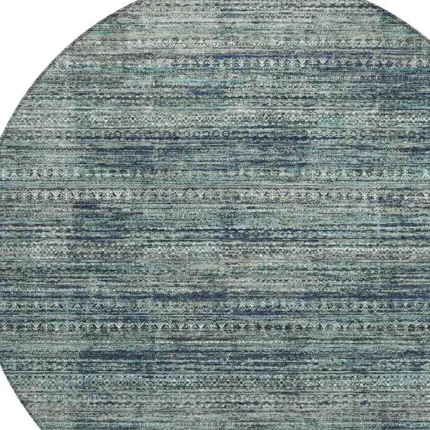 8' Teal Blue And Ivory Round Striped Washable Indoor Outdoor Area Rug Photo 4