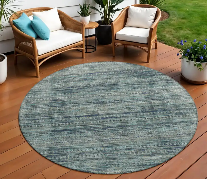 8' Teal Blue And Ivory Round Striped Washable Indoor Outdoor Area Rug Photo 2