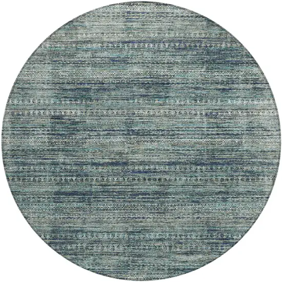 8' Teal Blue And Ivory Round Striped Washable Indoor Outdoor Area Rug Photo 1