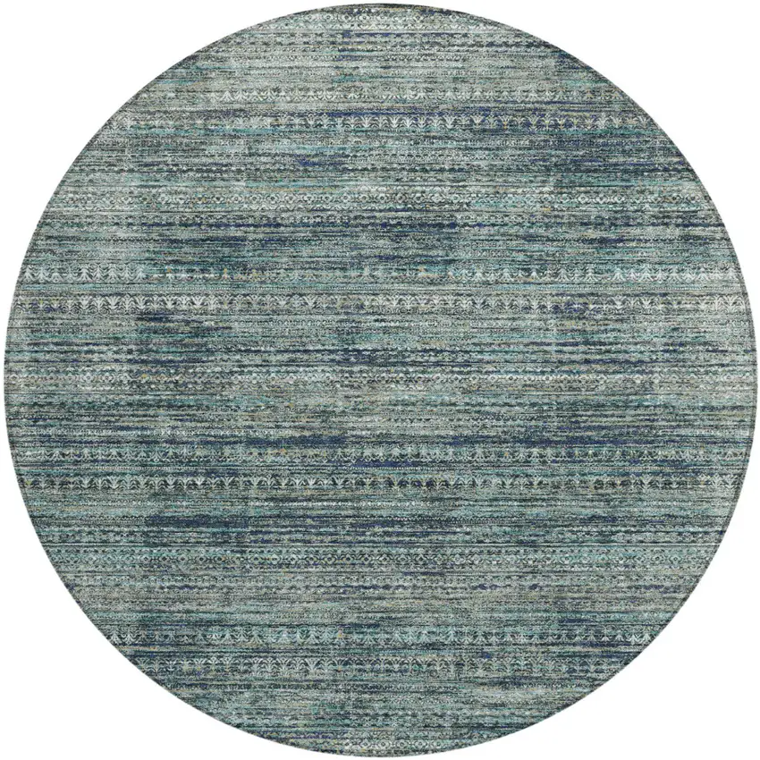 8' Teal Blue And Ivory Round Striped Washable Indoor Outdoor Area Rug Photo 1