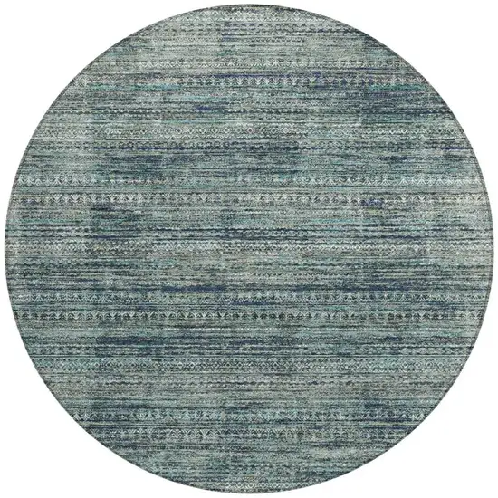8' Teal Blue And Ivory Round Striped Washable Indoor Outdoor Area Rug Photo 3