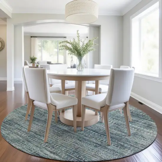 8' Teal Blue And Ivory Round Striped Washable Indoor Outdoor Area Rug Photo 6