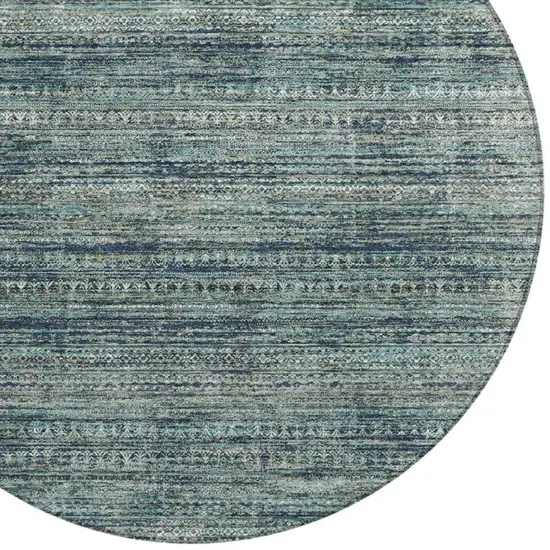 8' Teal Blue And Ivory Round Striped Washable Indoor Outdoor Area Rug Photo 8