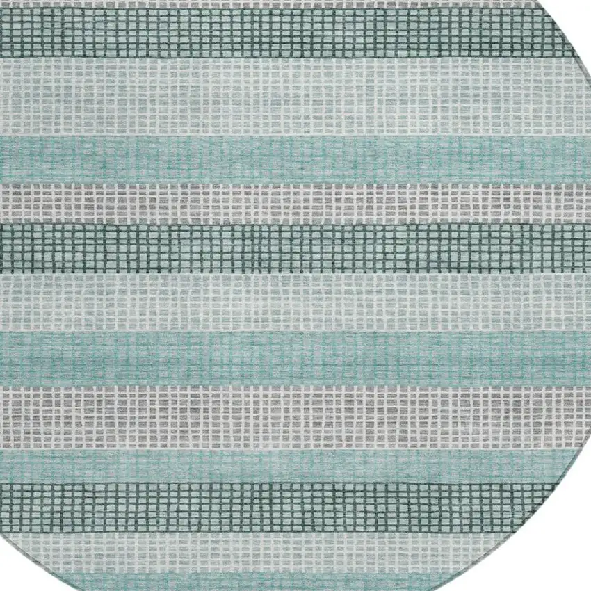 8' Teal Blue And Ivory Round Striped Washable Indoor Outdoor Area Rug Photo 4