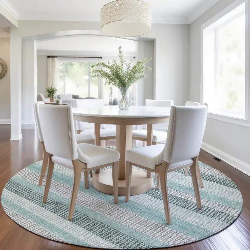 8' Teal Blue And Ivory Round Striped Washable Indoor Outdoor Area Rug Photo 6