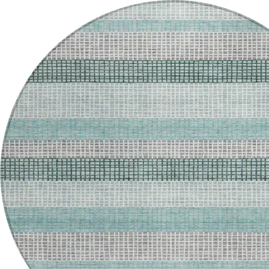 8' Teal Blue And Ivory Round Striped Washable Indoor Outdoor Area Rug Photo 8