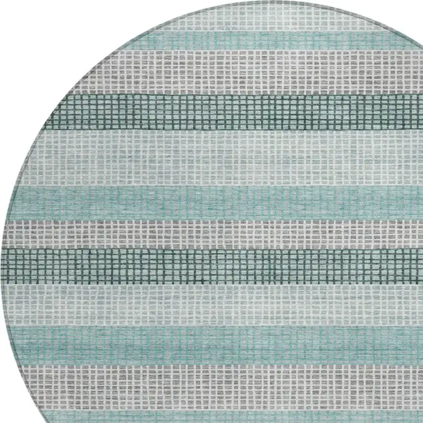 8' Teal Blue And Ivory Round Striped Washable Indoor Outdoor Area Rug Photo 8