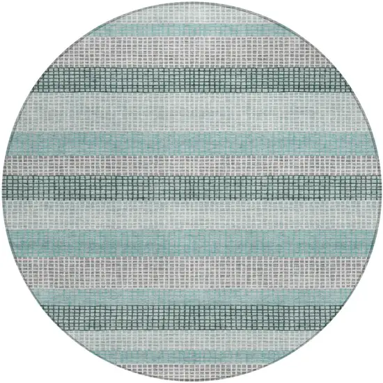 8' Teal Blue And Ivory Round Striped Washable Indoor Outdoor Area Rug Photo 1