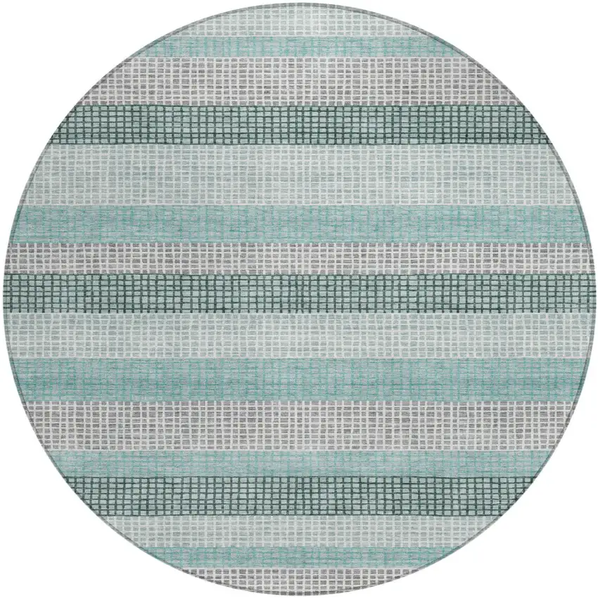 8' Teal Blue And Ivory Round Striped Washable Indoor Outdoor Area Rug Photo 1