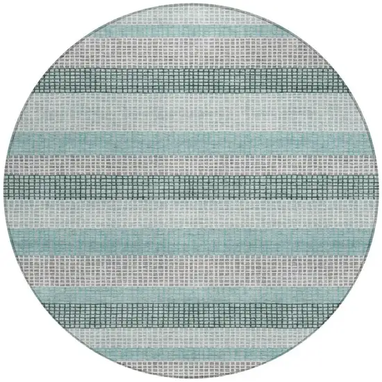 8' Teal Blue And Ivory Round Striped Washable Indoor Outdoor Area Rug Photo 3