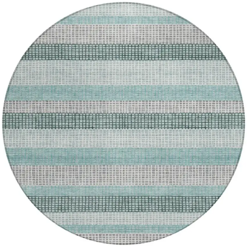 8' Teal Blue And Ivory Round Striped Washable Indoor Outdoor Area Rug Photo 3