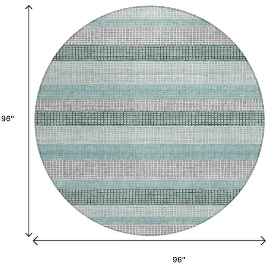 8' Teal Blue And Ivory Round Striped Washable Indoor Outdoor Area Rug Photo 9