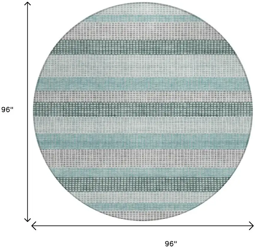 8' Teal Blue And Ivory Round Striped Washable Indoor Outdoor Area Rug Photo 9