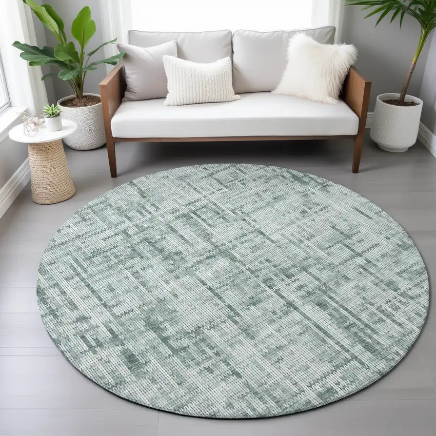 8' Teal Blue And Ivory Round Striped Washable Indoor Outdoor Area Rug Photo 6
