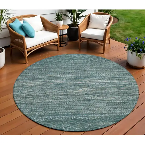 8' Teal Blue And Ivory Round Striped Washable Indoor Outdoor Area Rug Photo 2