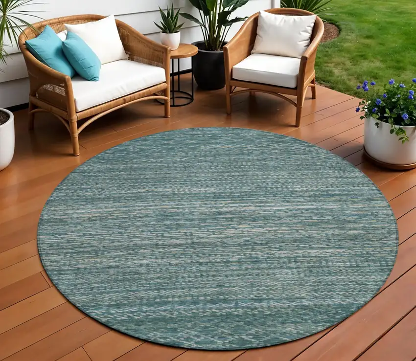 8' Teal Blue And Ivory Round Striped Washable Indoor Outdoor Area Rug Photo 2