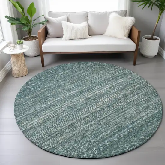 8' Teal Blue And Ivory Round Striped Washable Indoor Outdoor Area Rug Photo 6