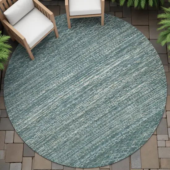 8' Teal Blue And Ivory Round Striped Washable Indoor Outdoor Area Rug Photo 5