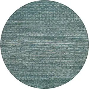 Photo of 8' Teal Blue And Ivory Round Striped Washable Indoor Outdoor Area Rug