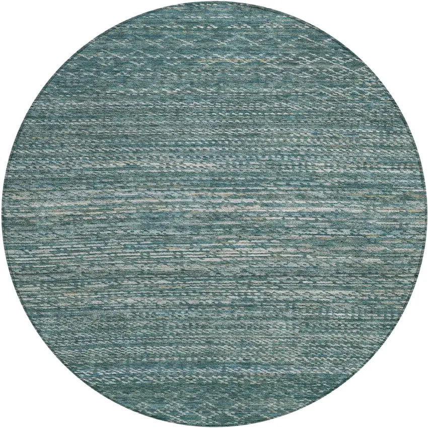 8' Teal Blue And Ivory Round Striped Washable Indoor Outdoor Area Rug Photo 1