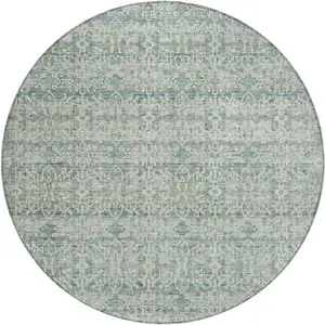 Photo of 8' Teal Blue And Ivory Round Striped Washable Indoor Outdoor Area Rug