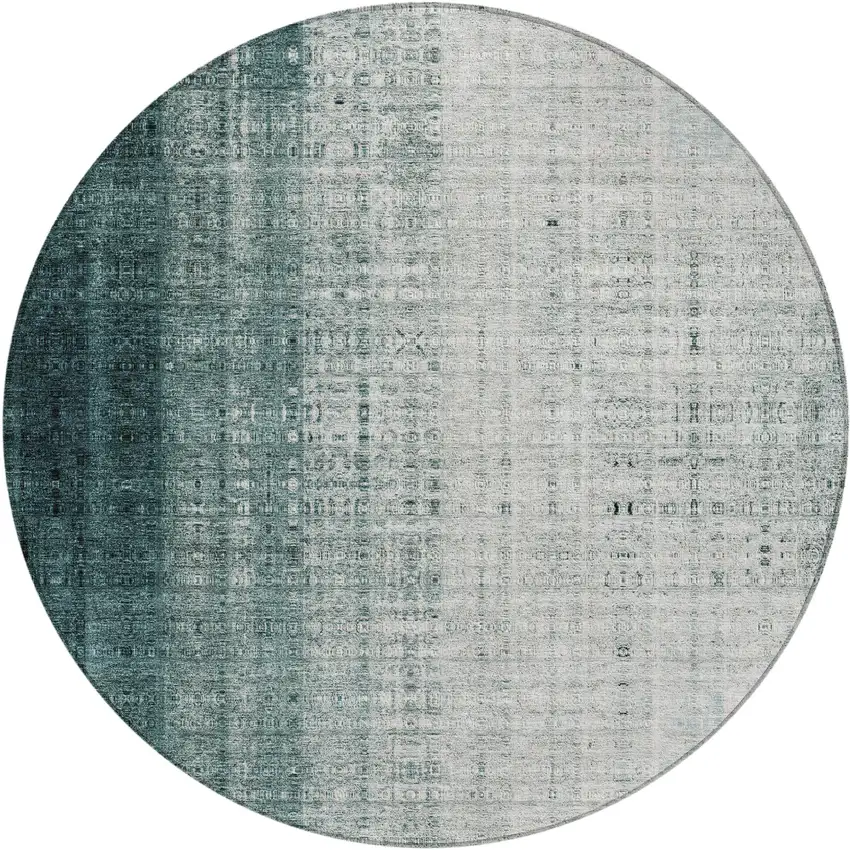 8' Teal Blue And Ivory Round Striped Washable Indoor Outdoor Area Rug Photo 2