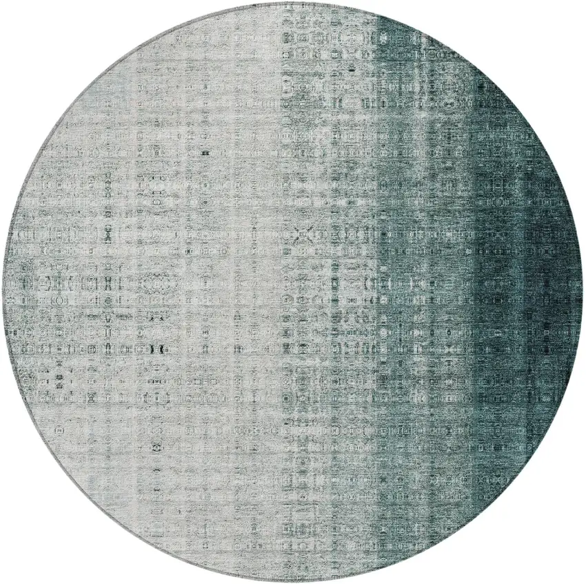 8' Teal Blue And Ivory Round Striped Washable Indoor Outdoor Area Rug Photo 4