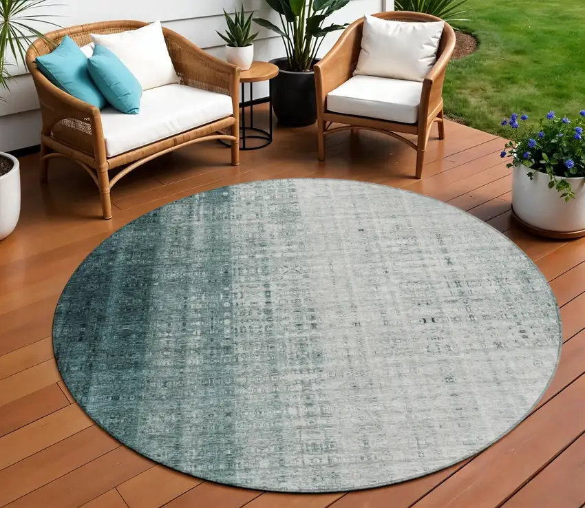 8' Teal Blue And Ivory Round Striped Washable Indoor Outdoor Area Rug Photo 1
