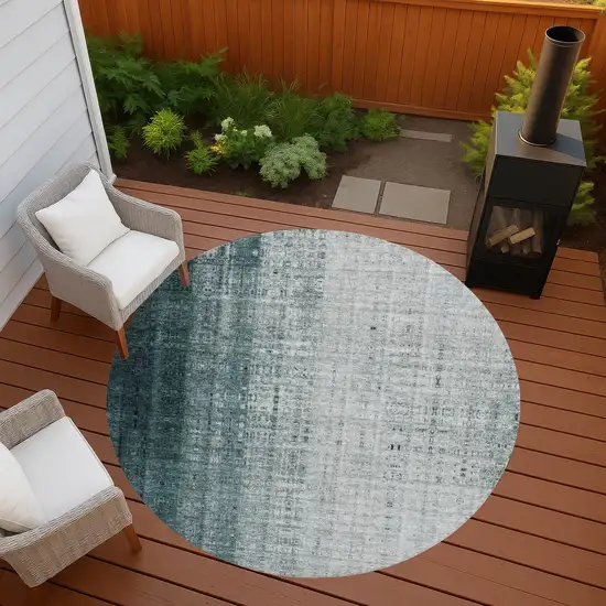 8' Teal Blue And Ivory Round Striped Washable Indoor Outdoor Area Rug Photo 6