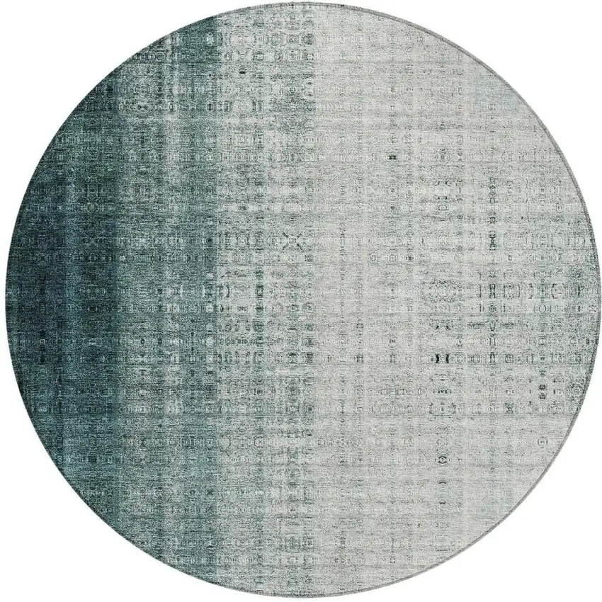 8' Teal Blue And Ivory Round Striped Washable Indoor Outdoor Area Rug Photo 5