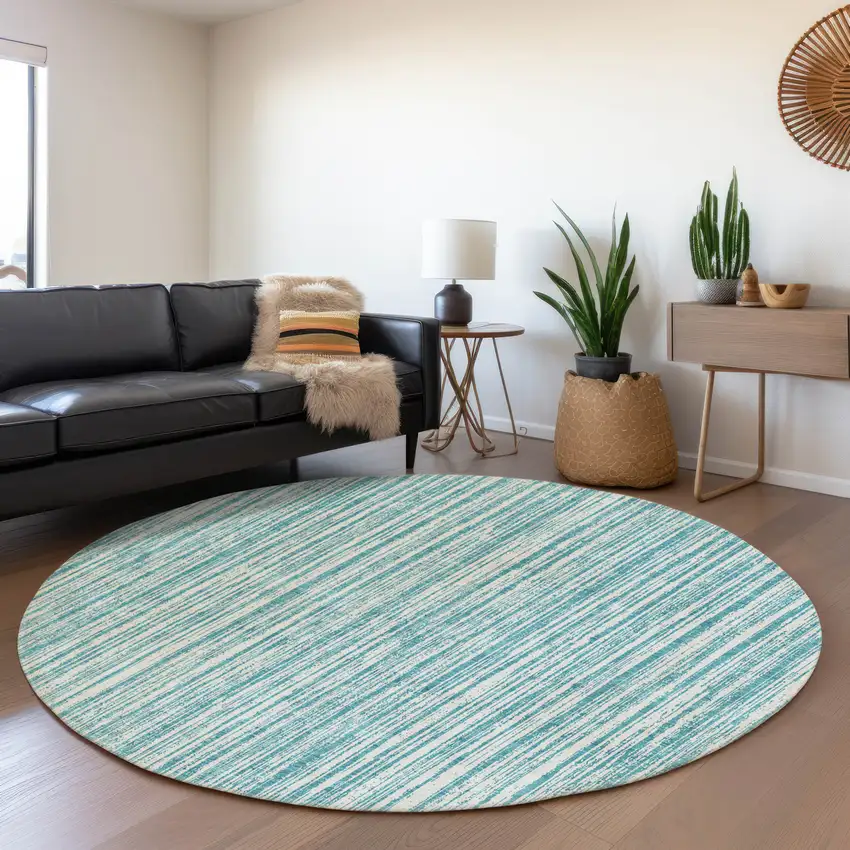 8' Teal Blue And Ivory Round Striped Washable Indoor Outdoor Area Rug Photo 6