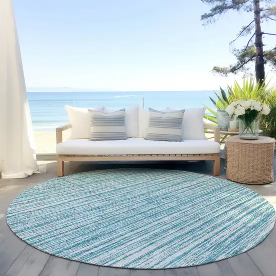 8' Teal Blue And Ivory Round Striped Washable Indoor Outdoor Area Rug Photo 5