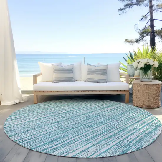 8' Teal Blue And Ivory Round Striped Washable Indoor Outdoor Area Rug Photo 5