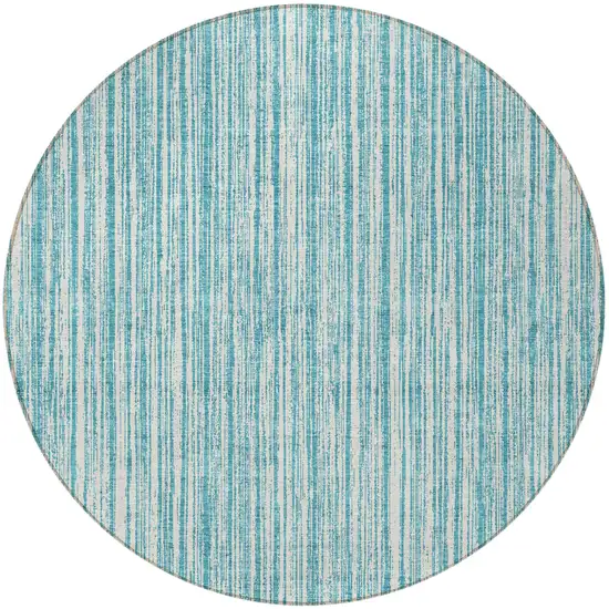 8' Teal Blue And Ivory Round Striped Washable Indoor Outdoor Area Rug Photo 4