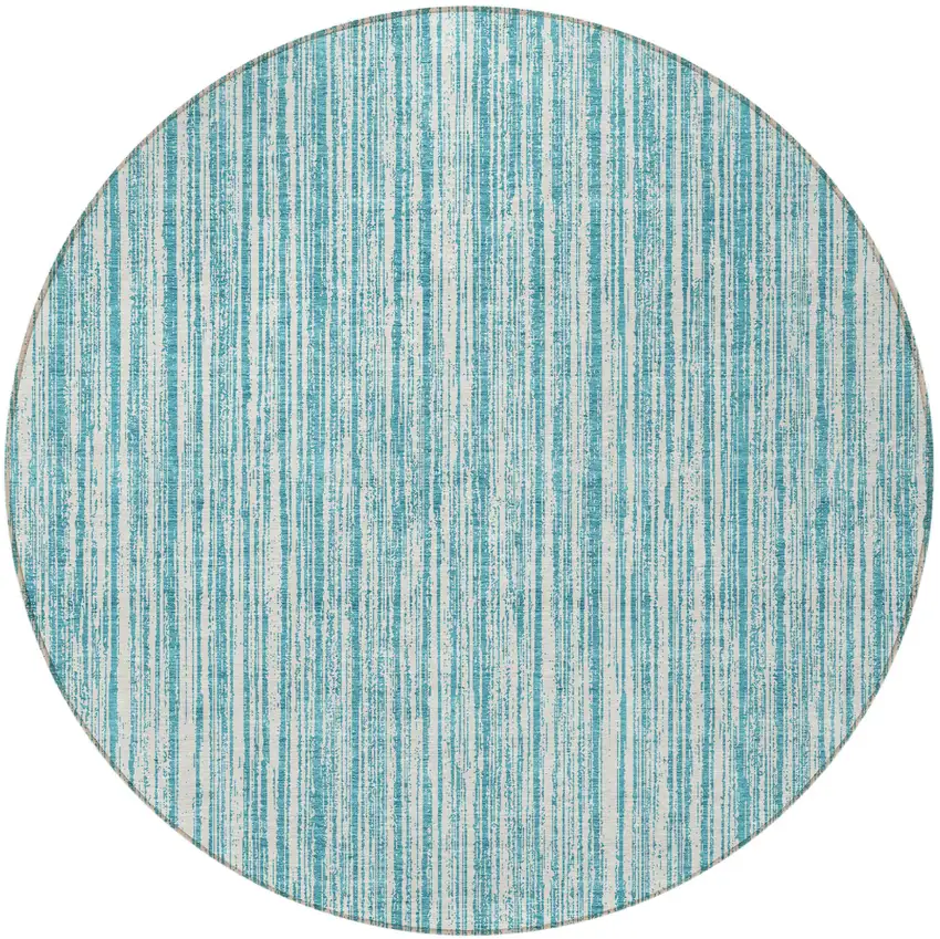 8' Teal Blue And Ivory Round Striped Washable Indoor Outdoor Area Rug Photo 4