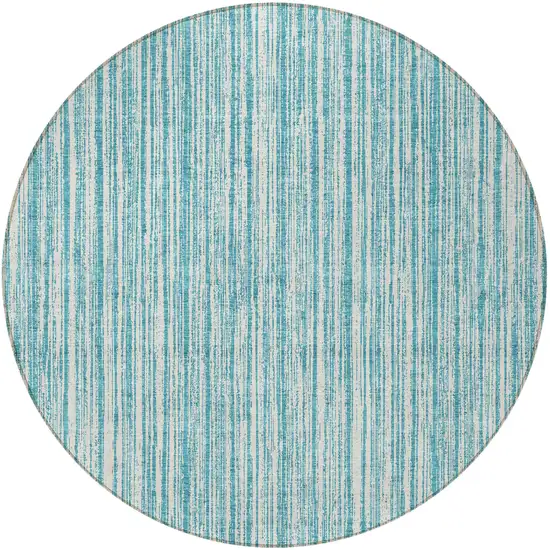 8' Teal Blue And Ivory Round Striped Washable Indoor Outdoor Area Rug Photo 4