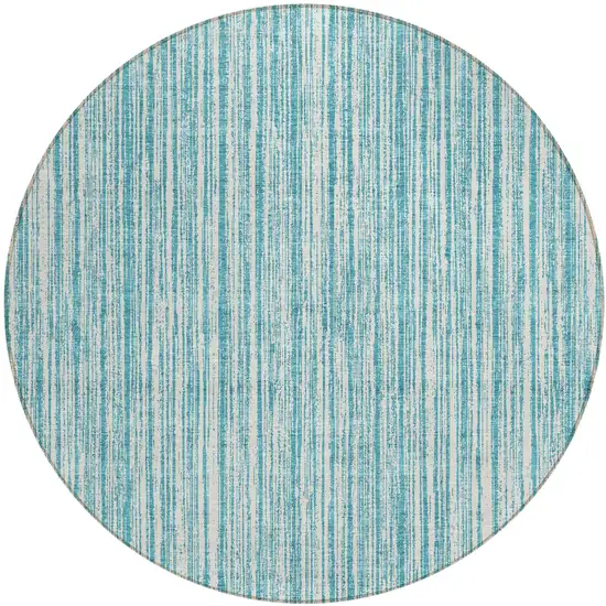 8' Teal Blue And Ivory Round Striped Washable Indoor Outdoor Area Rug Photo 1