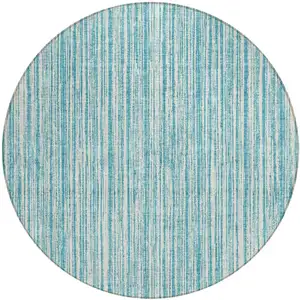 Photo of 8' Teal Blue And Ivory Round Striped Washable Indoor Outdoor Area Rug