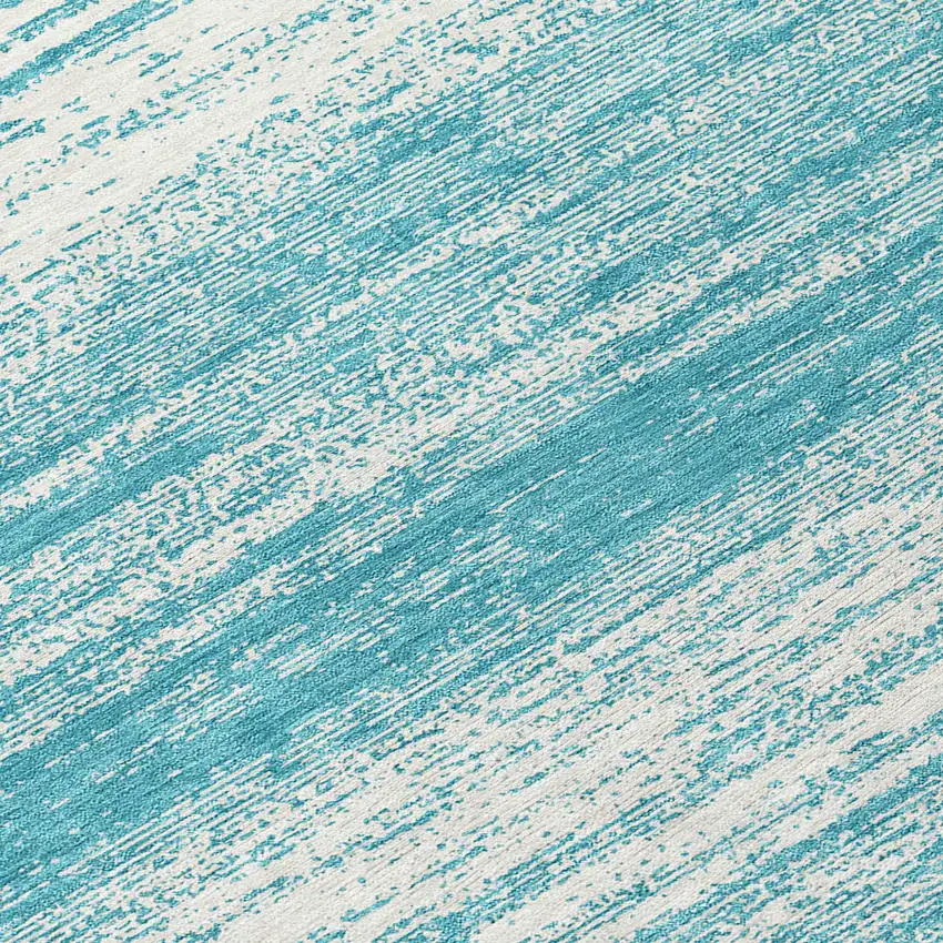 8' Teal Blue And Ivory Round Striped Washable Indoor Outdoor Area Rug Photo 8