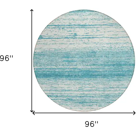 8' Teal Blue And Ivory Round Striped Washable Indoor Outdoor Area Rug Photo 3