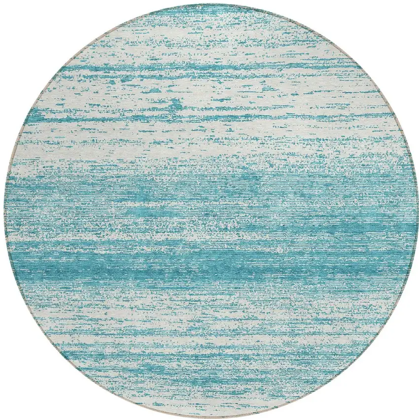 8' Teal Blue And Ivory Round Striped Washable Indoor Outdoor Area Rug Photo 5