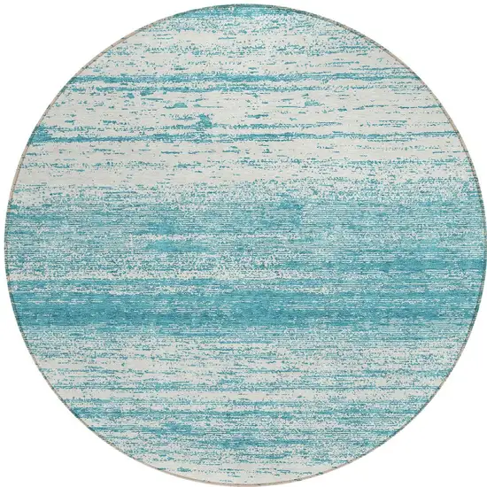 8' Teal Blue And Ivory Round Striped Washable Indoor Outdoor Area Rug Photo 5