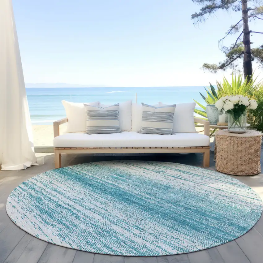 8' Teal Blue And Ivory Round Striped Washable Indoor Outdoor Area Rug Photo 6