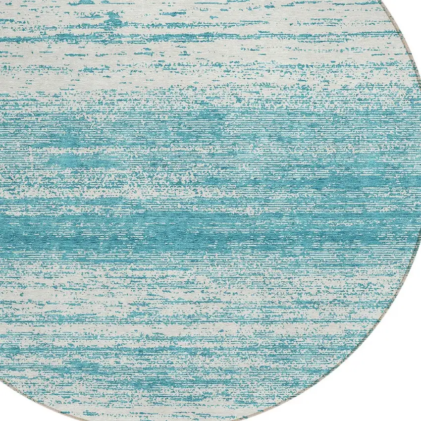 8' Teal Blue And Ivory Round Striped Washable Indoor Outdoor Area Rug Photo 4