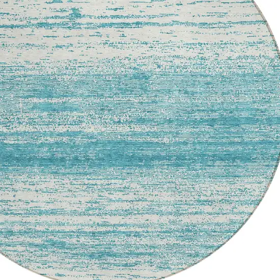 8' Teal Blue And Ivory Round Striped Washable Indoor Outdoor Area Rug Photo 4