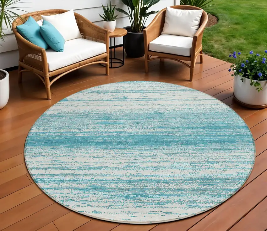 8' Teal Blue And Ivory Round Striped Washable Indoor Outdoor Area Rug Photo 1