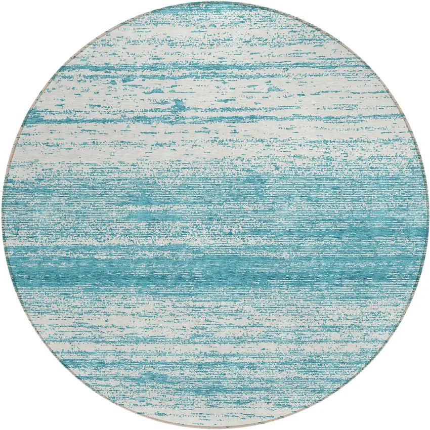 8' Teal Blue And Ivory Round Striped Washable Indoor Outdoor Area Rug Photo 2
