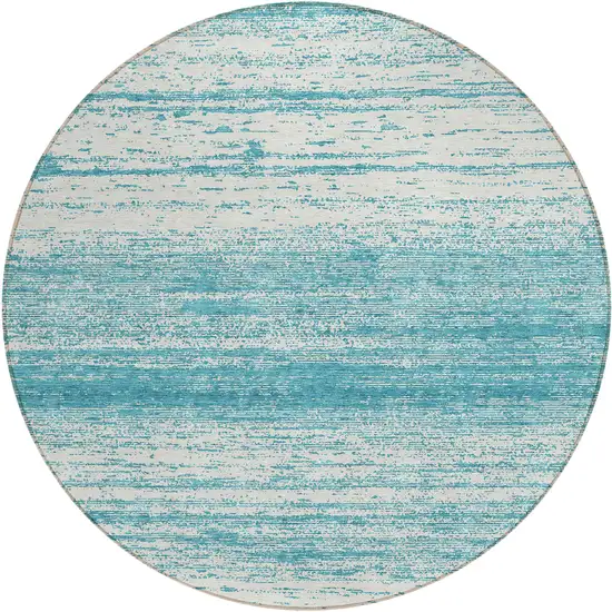 8' Teal Blue And Ivory Round Striped Washable Indoor Outdoor Area Rug Photo 2